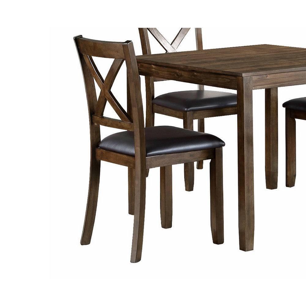 Benjara Gimi 5pc Dining Table Set, 4 X Back Faux Leather Chairs, Charcoal Brown