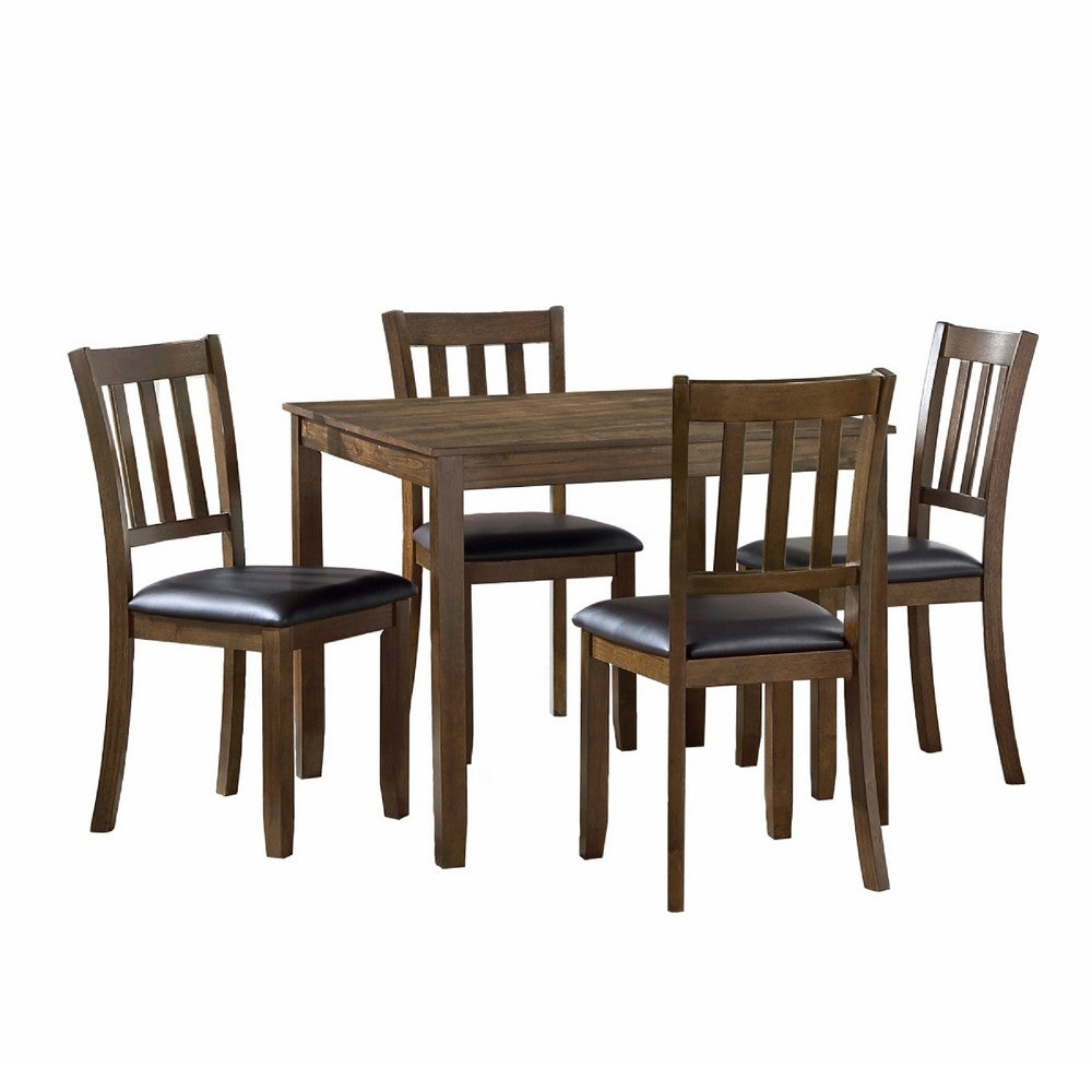 Benjara Nova 5pc Square Dining Table Set, 4 Slat Back Faux Leather Chairs, Brown