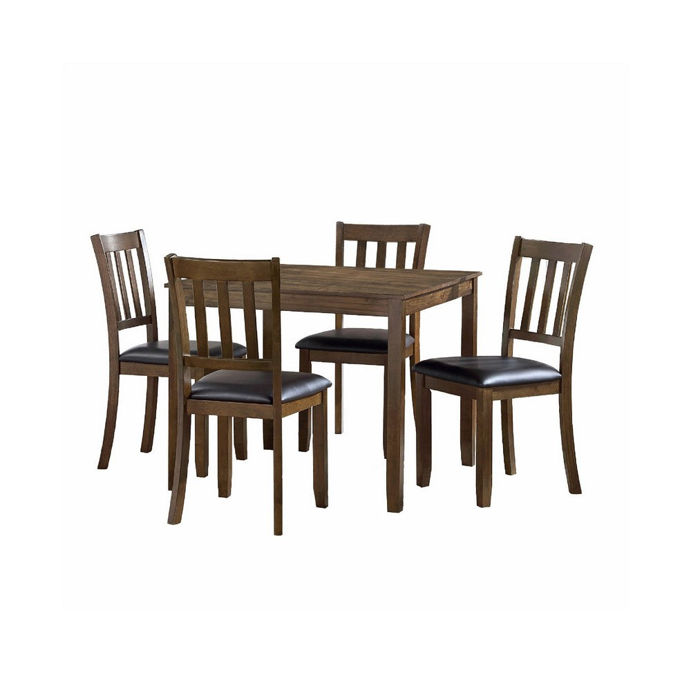 Benjara Nova 5pc Square Dining Table Set, 4 Slat Back Faux Leather Chairs, Brown