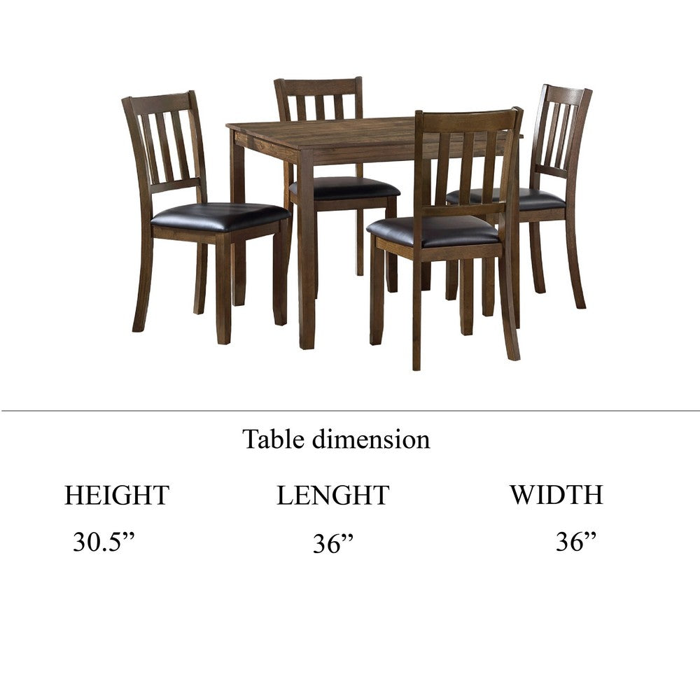 Benjara Nova 5pc Square Dining Table Set, 4 Slat Back Faux Leather Chairs, Brown
