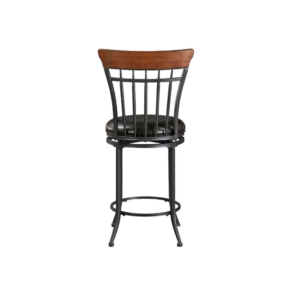 Benjara Nira Swivel Counter Chair, Brown Faux Leather, Wood Back, Black Metal