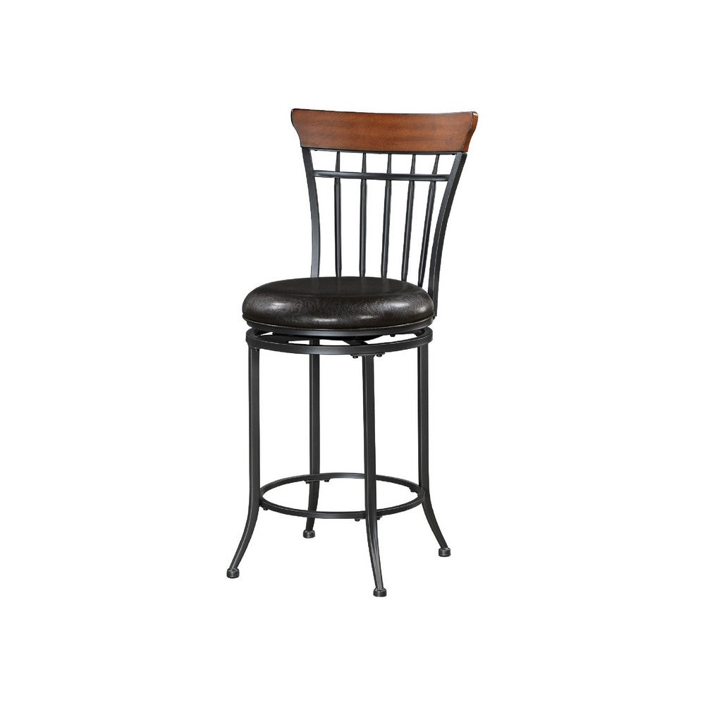 Benjara Nira Swivel Counter Chair, Brown Faux Leather, Wood Back, Black Metal