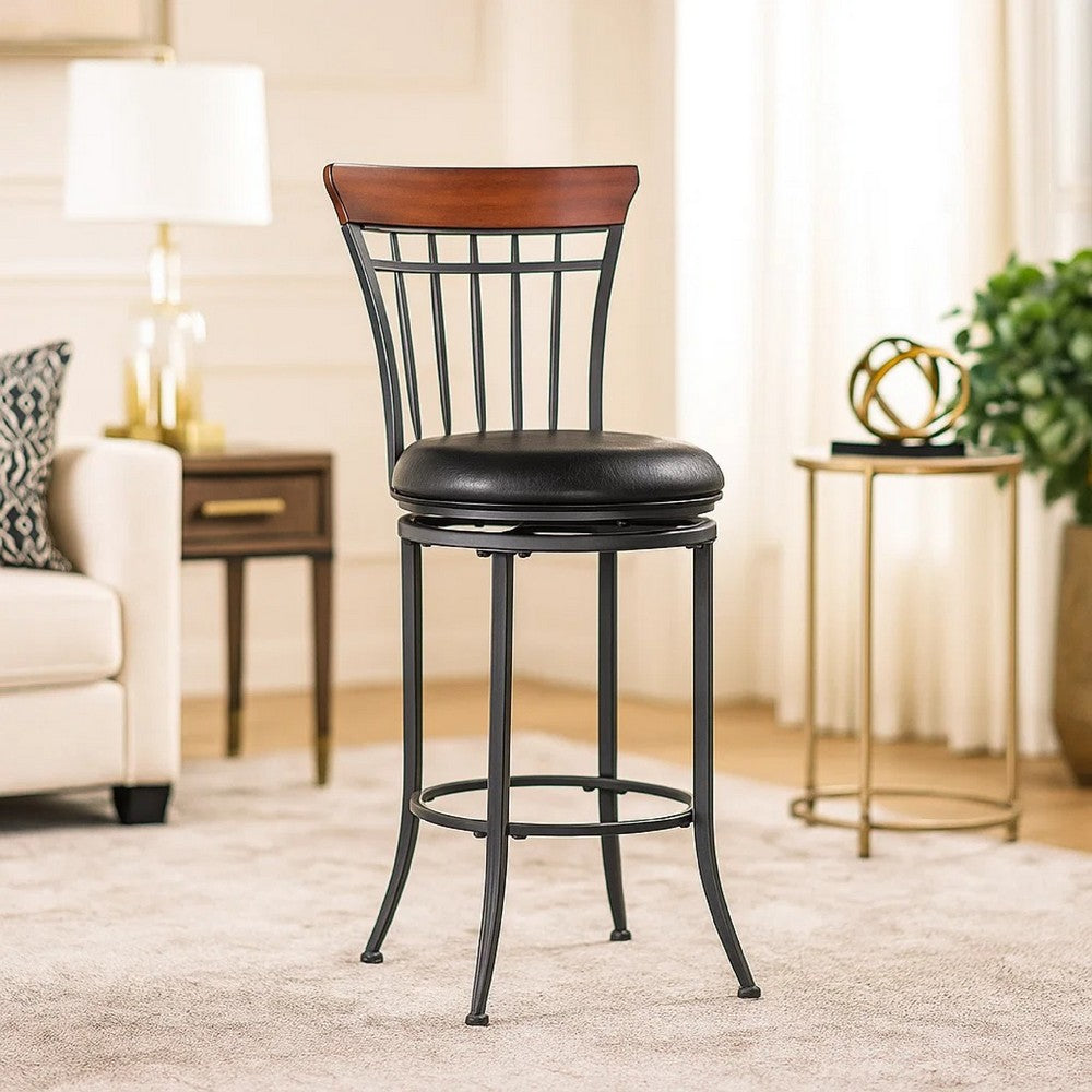 Benjara Nira Swivel Counter Chair, Brown Faux Leather, Wood Back, Black Metal