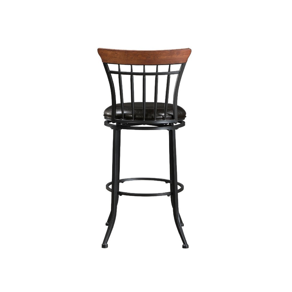 Benjara Nira Swivel Bar Height Chair, Brown Faux Leather, Wood Back, Black Metal
