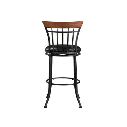 Benjara Nira Swivel Bar Height Chair, Brown Faux Leather, Wood Back, Black Metal