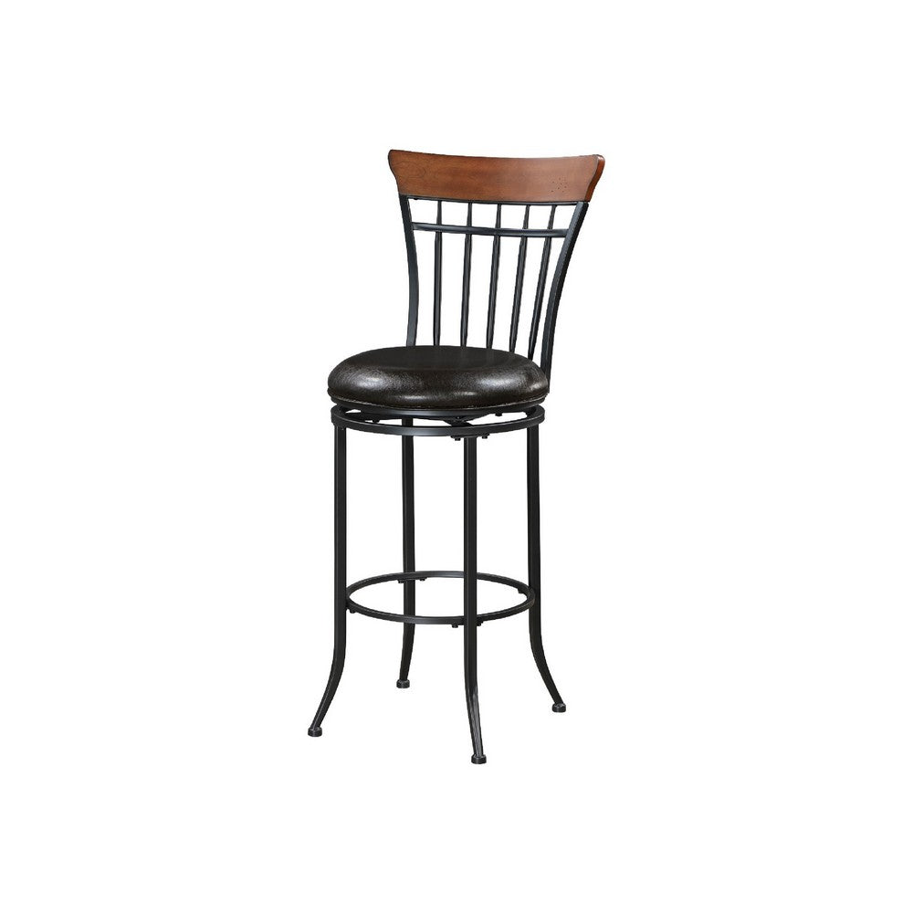 Benjara Nira Swivel Bar Height Chair, Brown Faux Leather, Wood Back, Black Metal