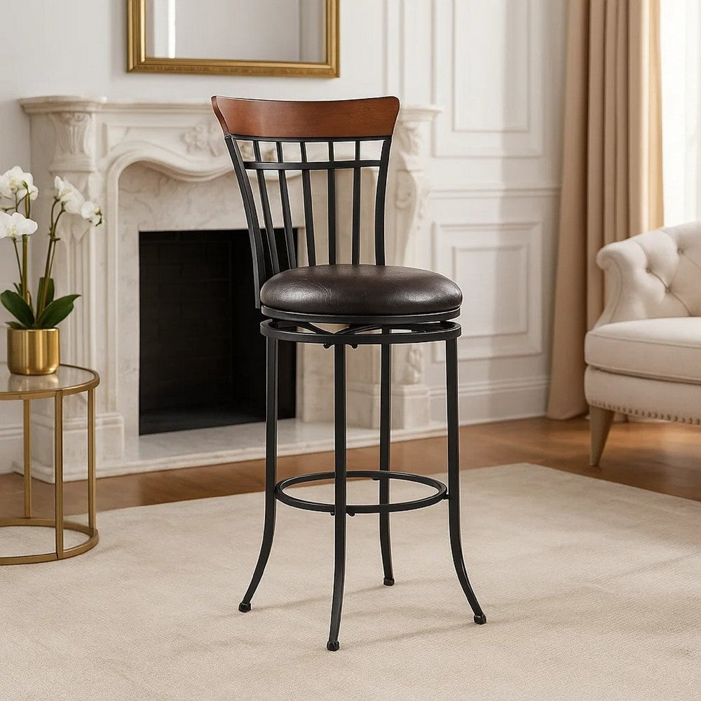 Benjara Nira Swivel Bar Height Chair, Brown Faux Leather, Wood Back, Black Metal