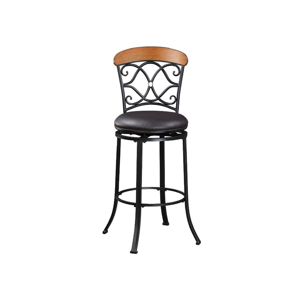 Benjara Soni Swivel Bar Height Chair, Scroll Back, Faux Leather, Black Metal