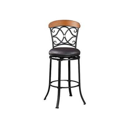 Benjara Soni Swivel Bar Height Chair, Scroll Back, Faux Leather, Black Metal