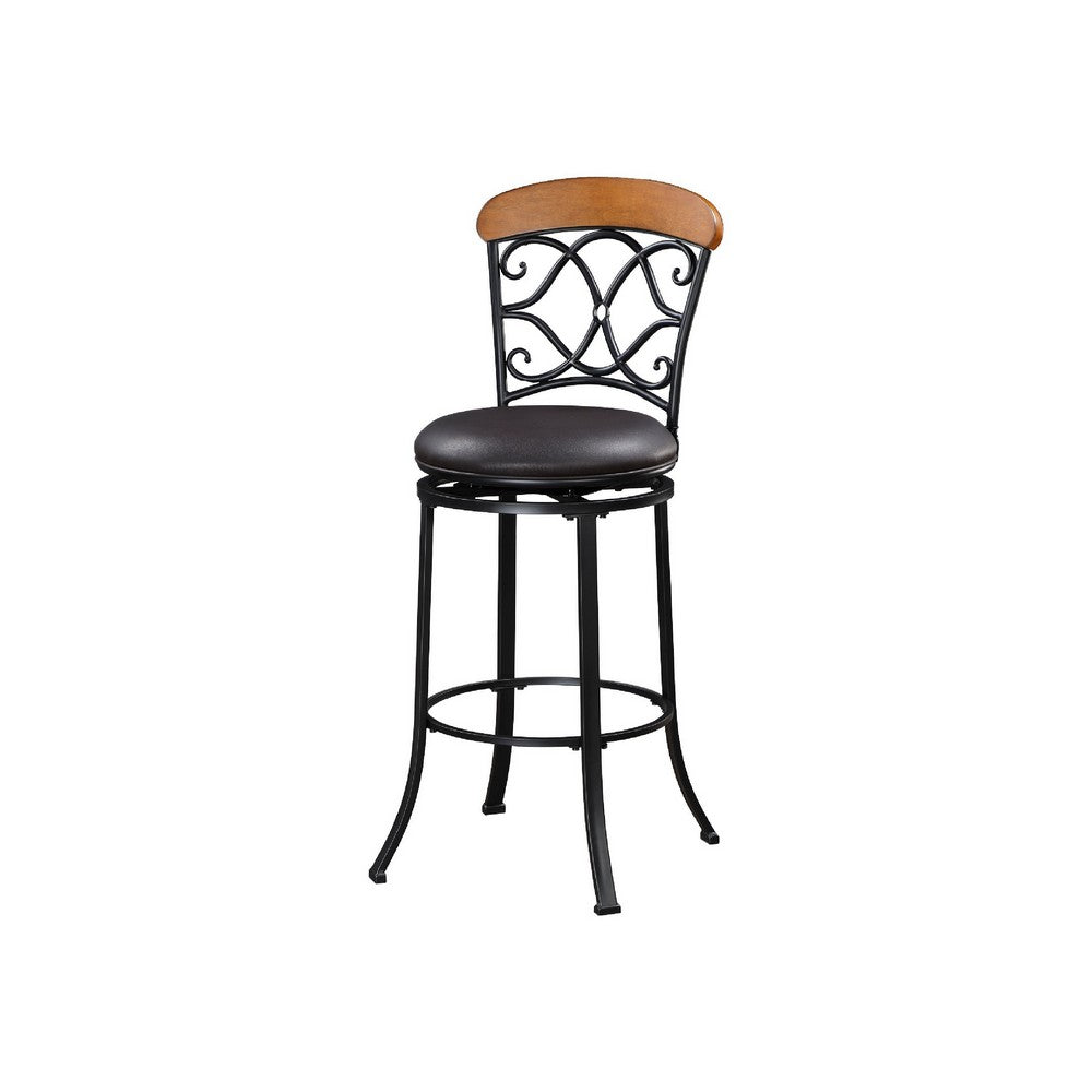 Benjara Soni Swivel Bar Height Chair, Scroll Back, Faux Leather, Black Metal