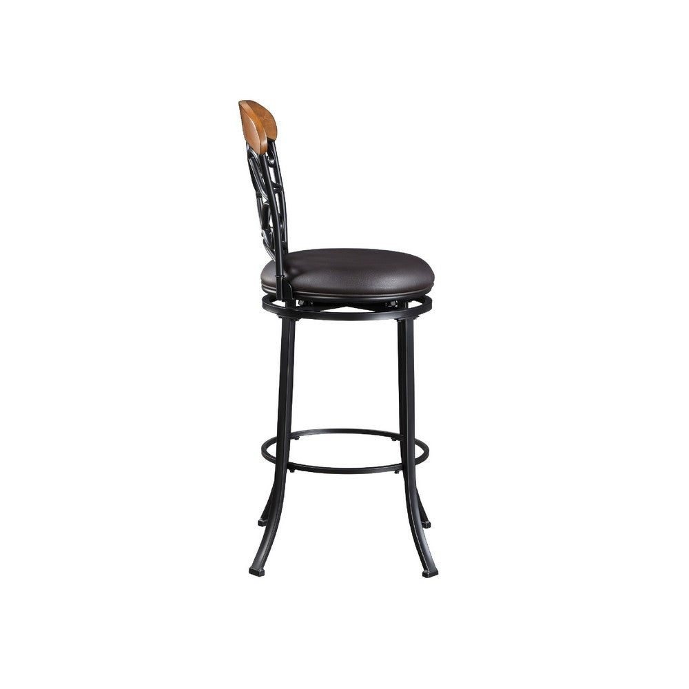 Benjara Soni Swivel Bar Height Chair, Scroll Back, Faux Leather, Black Metal