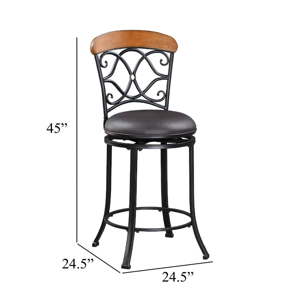 Benjara Soni Swivel Bar Height Chair, Scroll Back, Faux Leather, Black Metal