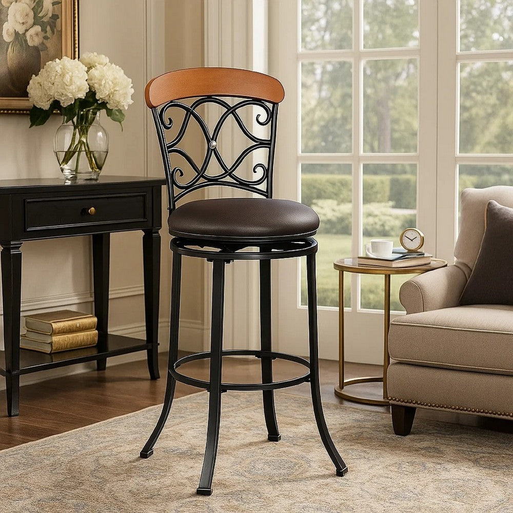 Benjara Soni Swivel Bar Height Chair, Scroll Back, Faux Leather, Black Metal