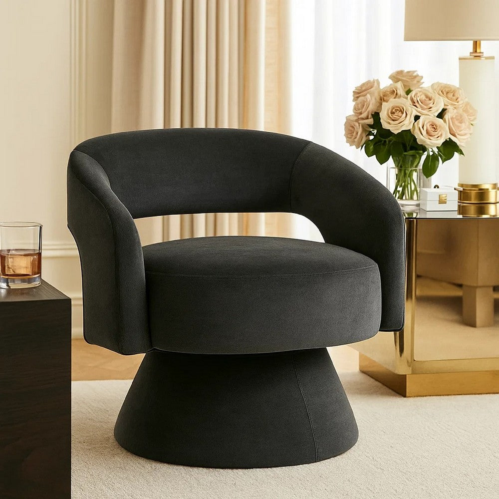 Benjara Lessa Swivel Accent Chair, Barrel Style, Foam Padded, Dark Gray Velvet