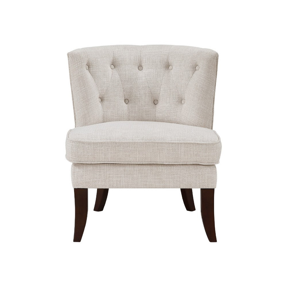 Benjara Rose Accent Chair, Button Tufted Wingback, Beige Polyester, Brown Legs