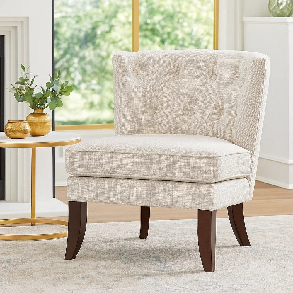 Benjara Rose Accent Chair, Button Tufted Wingback, Beige Polyester, Brown Legs