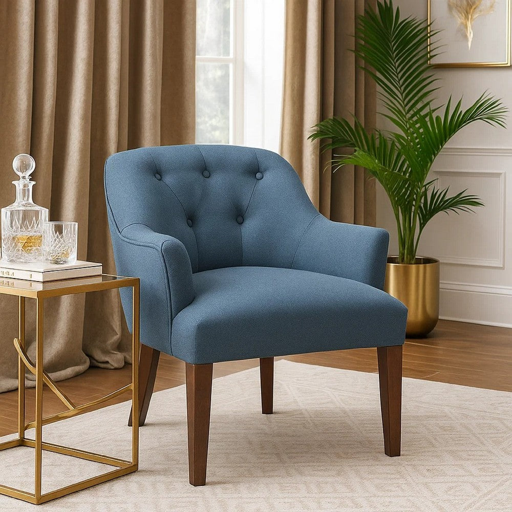 Benjara Beca Accent Armchair, Button Tufted Back, Sloped Arms, Blue Polyester