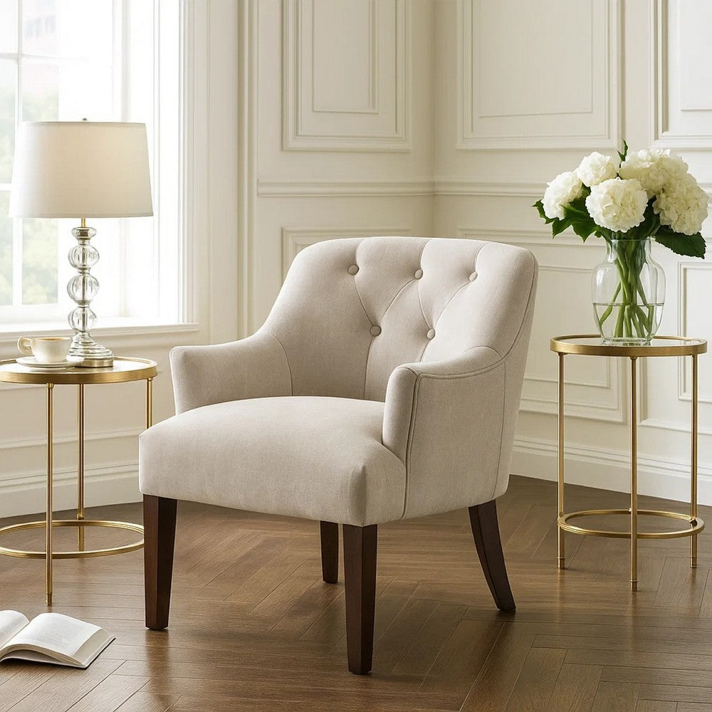Benjara Beca Accent Armchair, Button Tufted Back, Sloped Arms, Beige Polyester