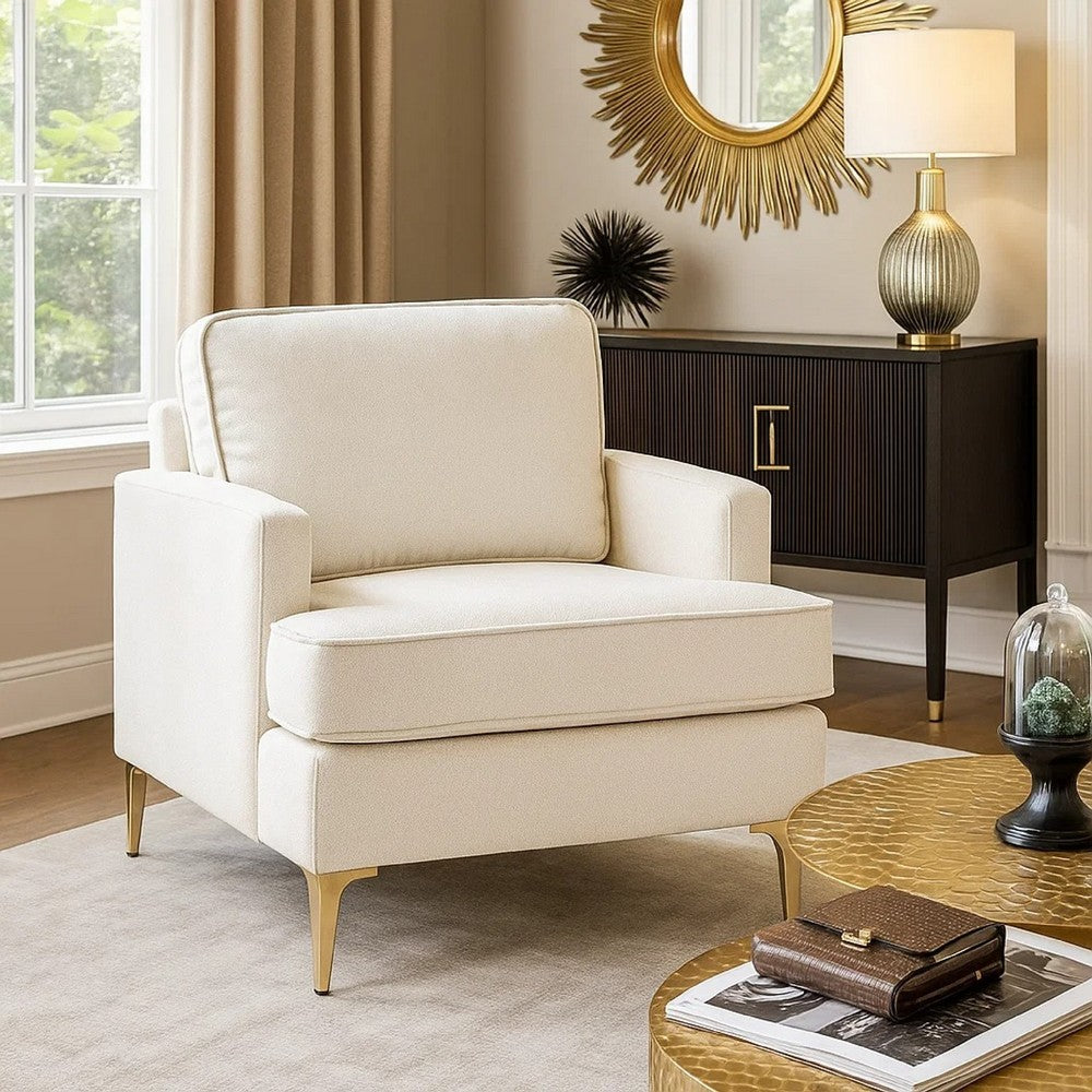 Benjara Cole Accent Chair, Foam Fill Beige Chenille, Track Arms, Gold Metal Legs