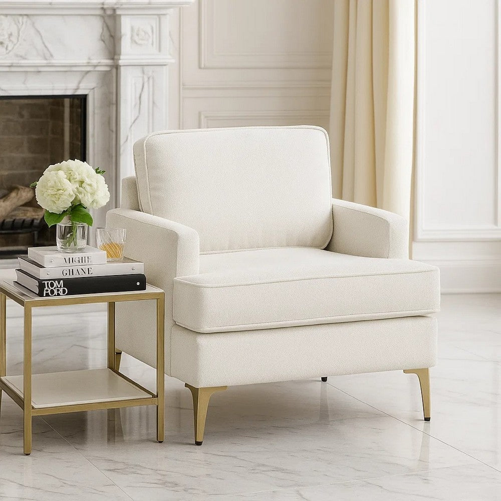 Benjara Cole Accent Chair, Foam Fill Beige Chenille, Track Arms, Gold Metal Legs