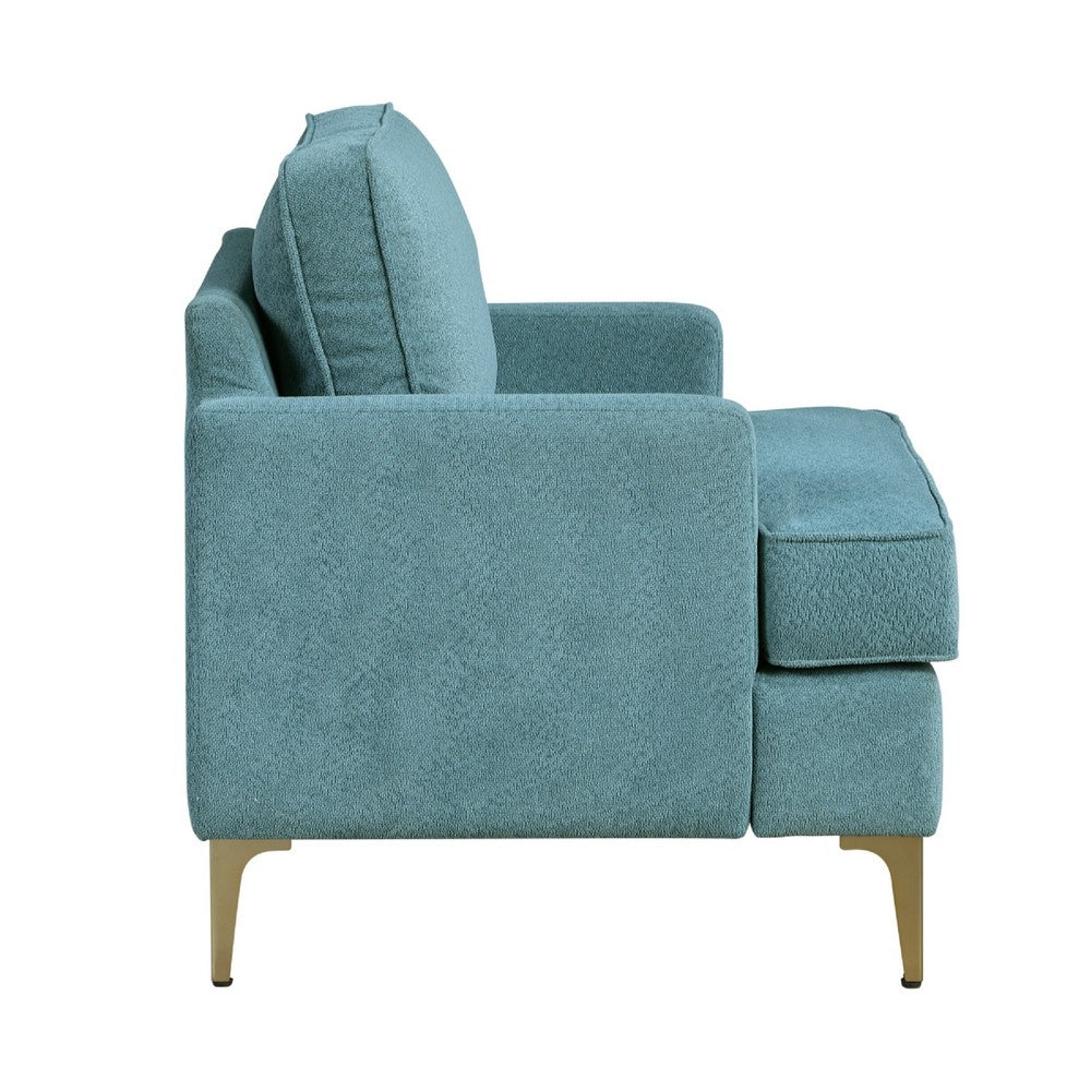 Benjara Cole Accent Chair, Peacock Blue Chenille, Track Arms, Gold Metal Legs