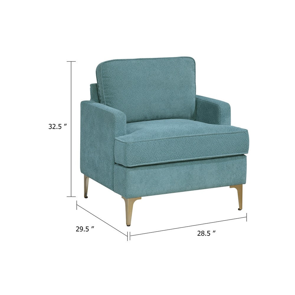Benjara Cole Accent Chair, Peacock Blue Chenille, Track Arms, Gold Metal Legs