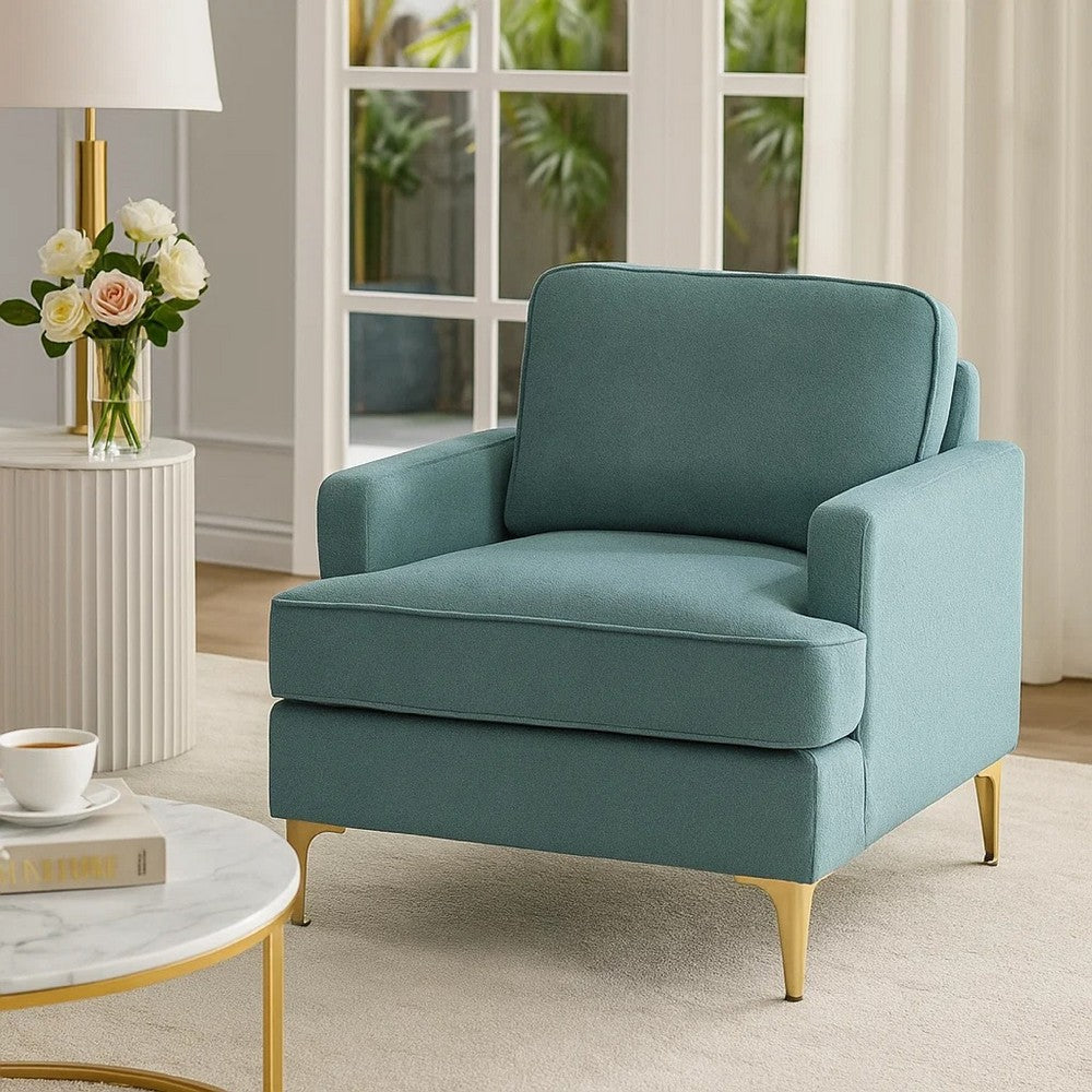 Benjara Cole Accent Chair, Peacock Blue Chenille, Track Arms, Gold Metal Legs