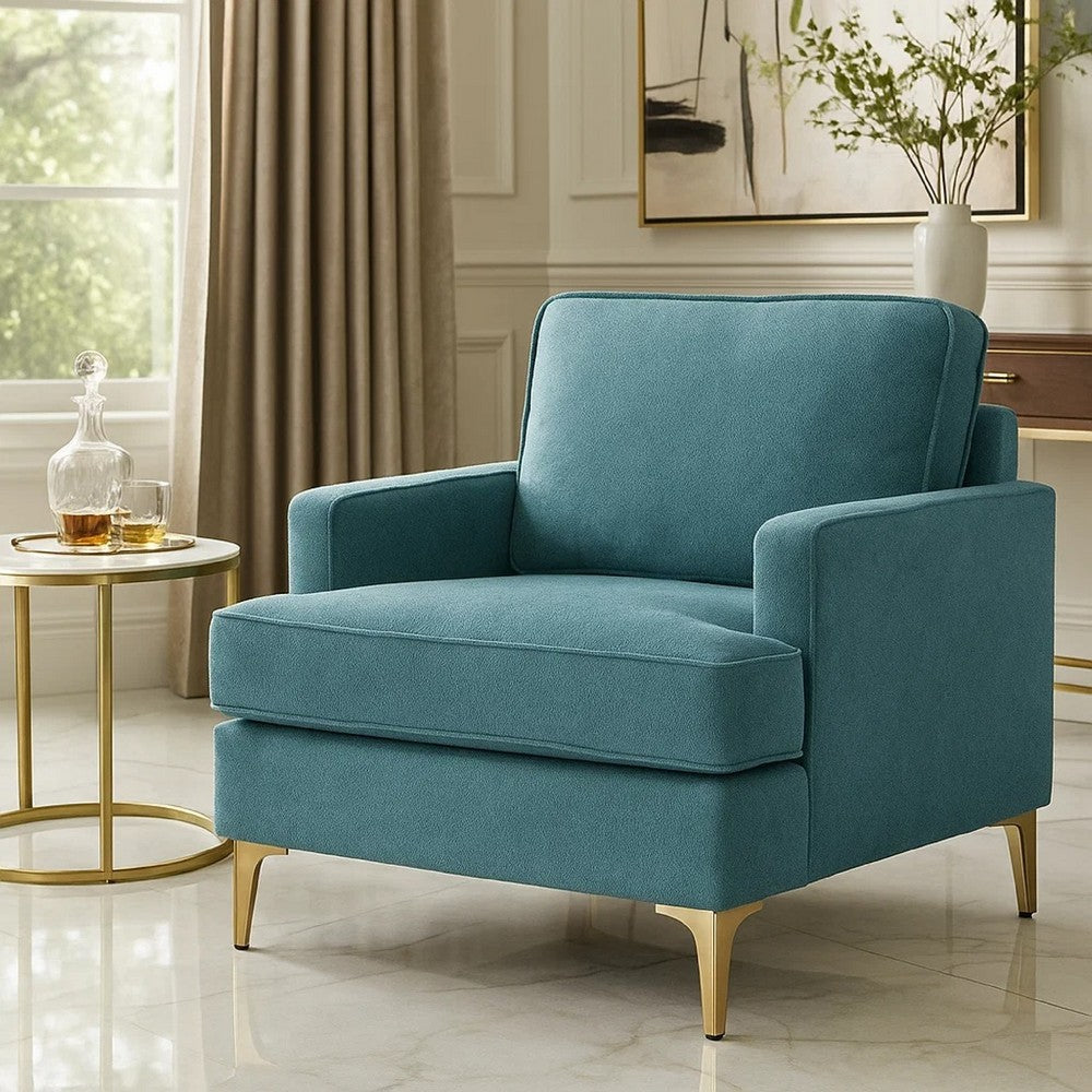 Benjara Cole Accent Chair, Peacock Blue Chenille, Track Arms, Gold Metal Legs