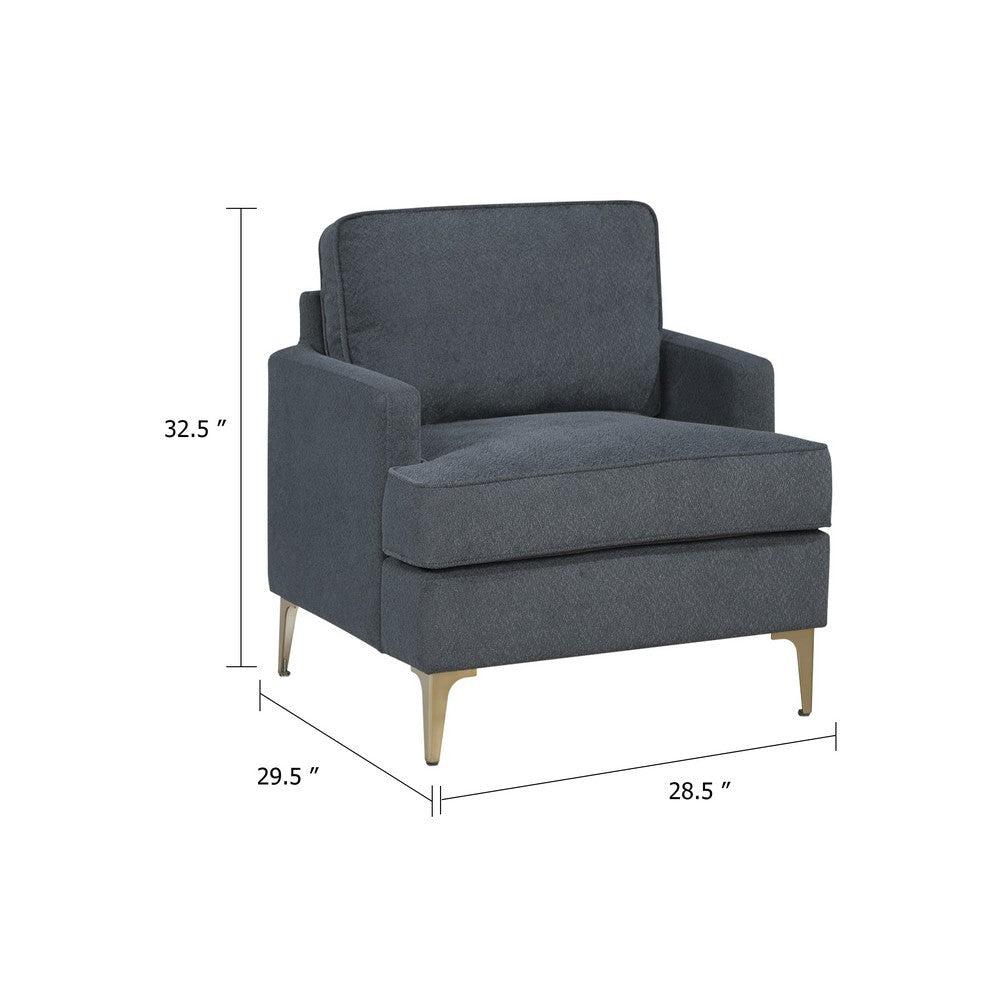 Benjara Cole Accent Chair, Dark Gray Chenille, Track Arms, Gold Metal Legs