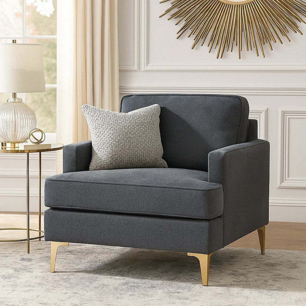 Benjara Cole Accent Chair, Dark Gray Chenille, Track Arms, Gold Metal Legs