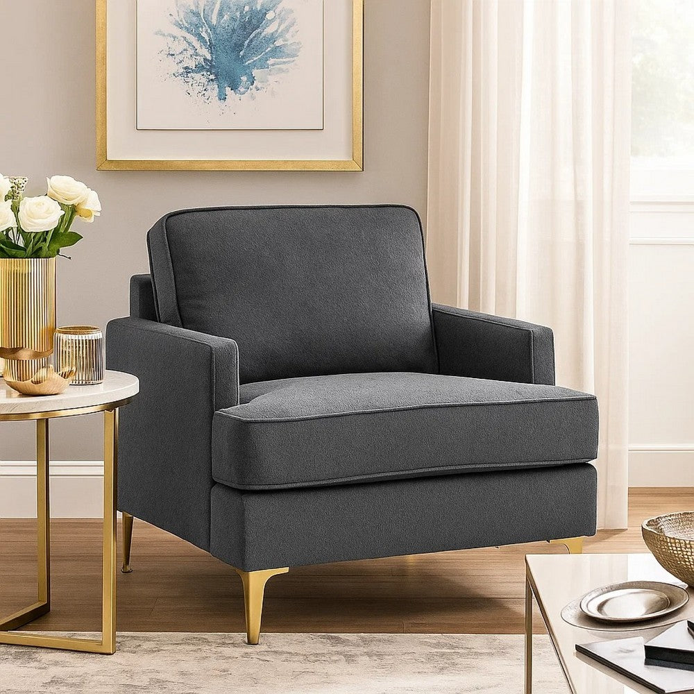 Benjara Cole Accent Chair, Dark Gray Chenille, Track Arms, Gold Metal Legs
