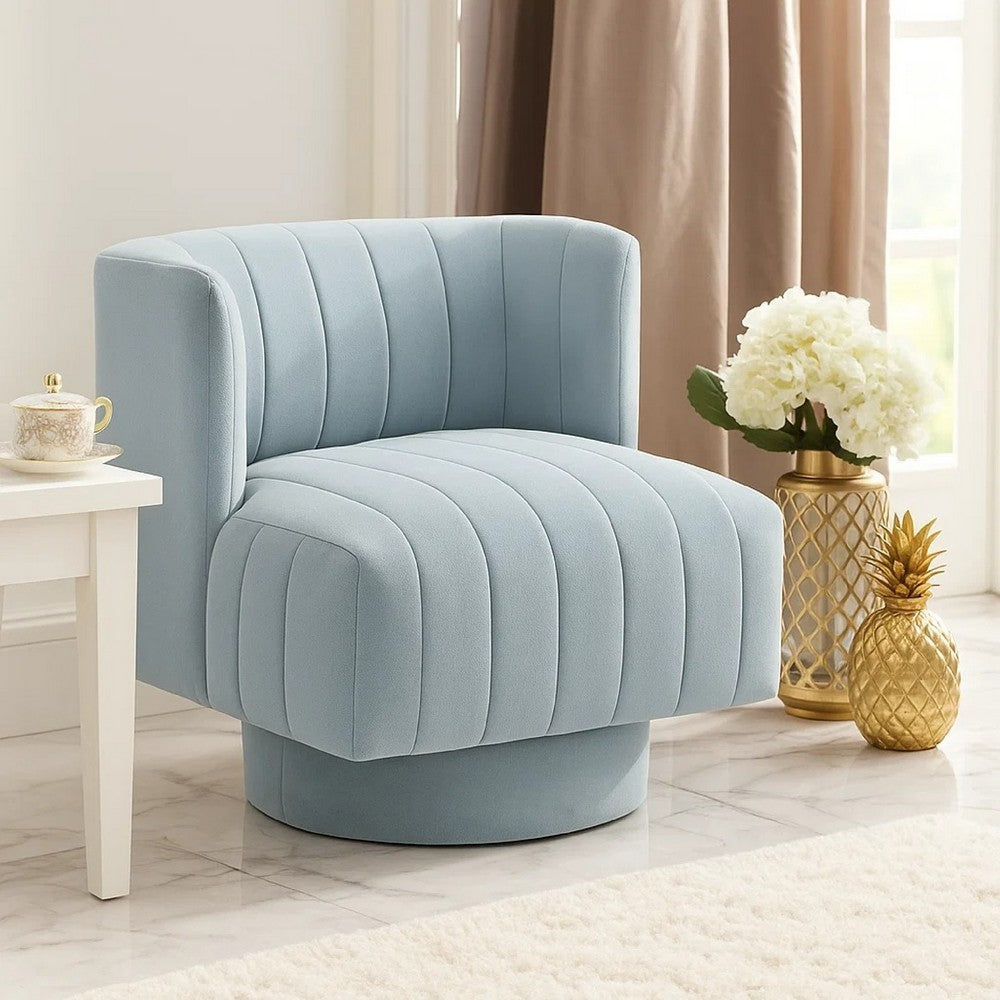 Benjara Joya Swivel Accent Chair, Barrel Wingback, Channeled Aqua Blue Polyester