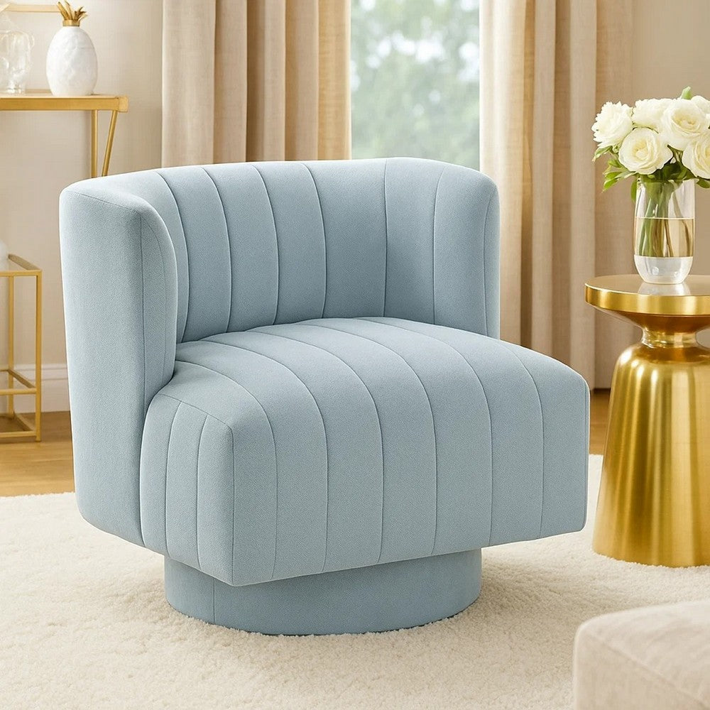 Benjara Joya Swivel Accent Chair, Barrel Wingback, Channeled Aqua Blue Polyester