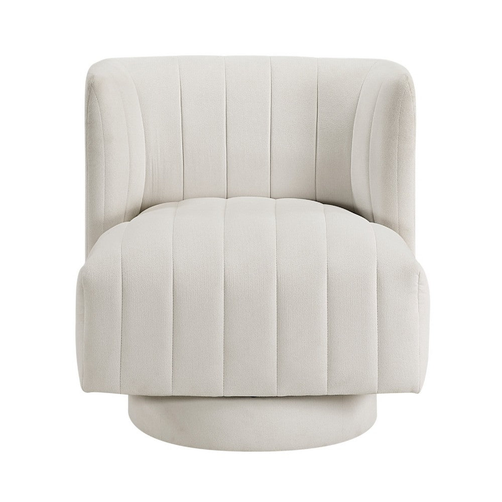 Benjara Joya Swivel Accent Chair, Barrel Wingback, Channeled Beige Polyester