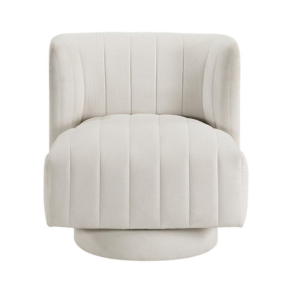 Benjara Joya Swivel Accent Chair, Barrel Wingback, Channeled Beige Polyester