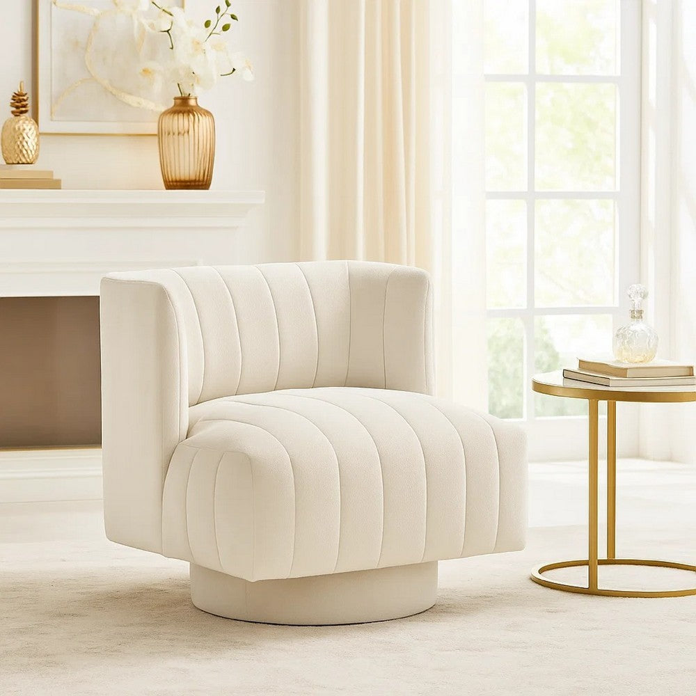 Benjara Joya Swivel Accent Chair, Barrel Wingback, Channeled Beige Polyester