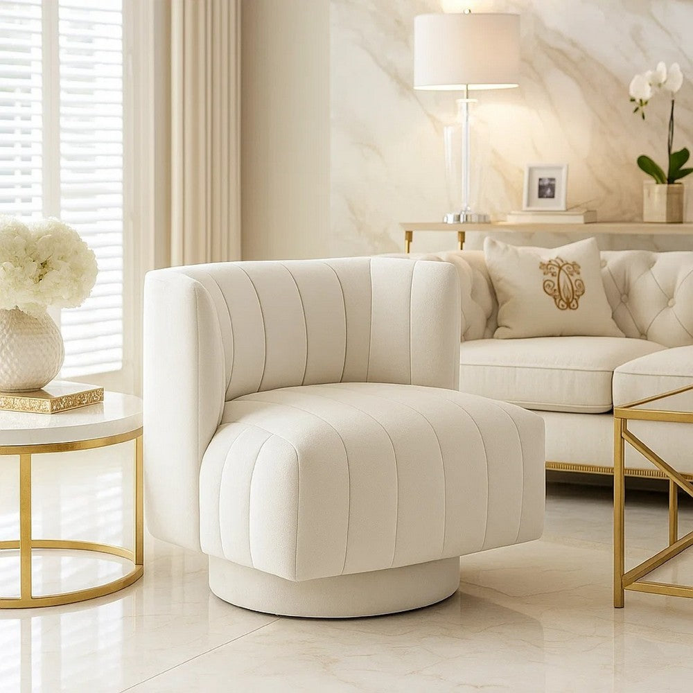 Benjara Joya Swivel Accent Chair, Barrel Wingback, Channeled Beige Polyester