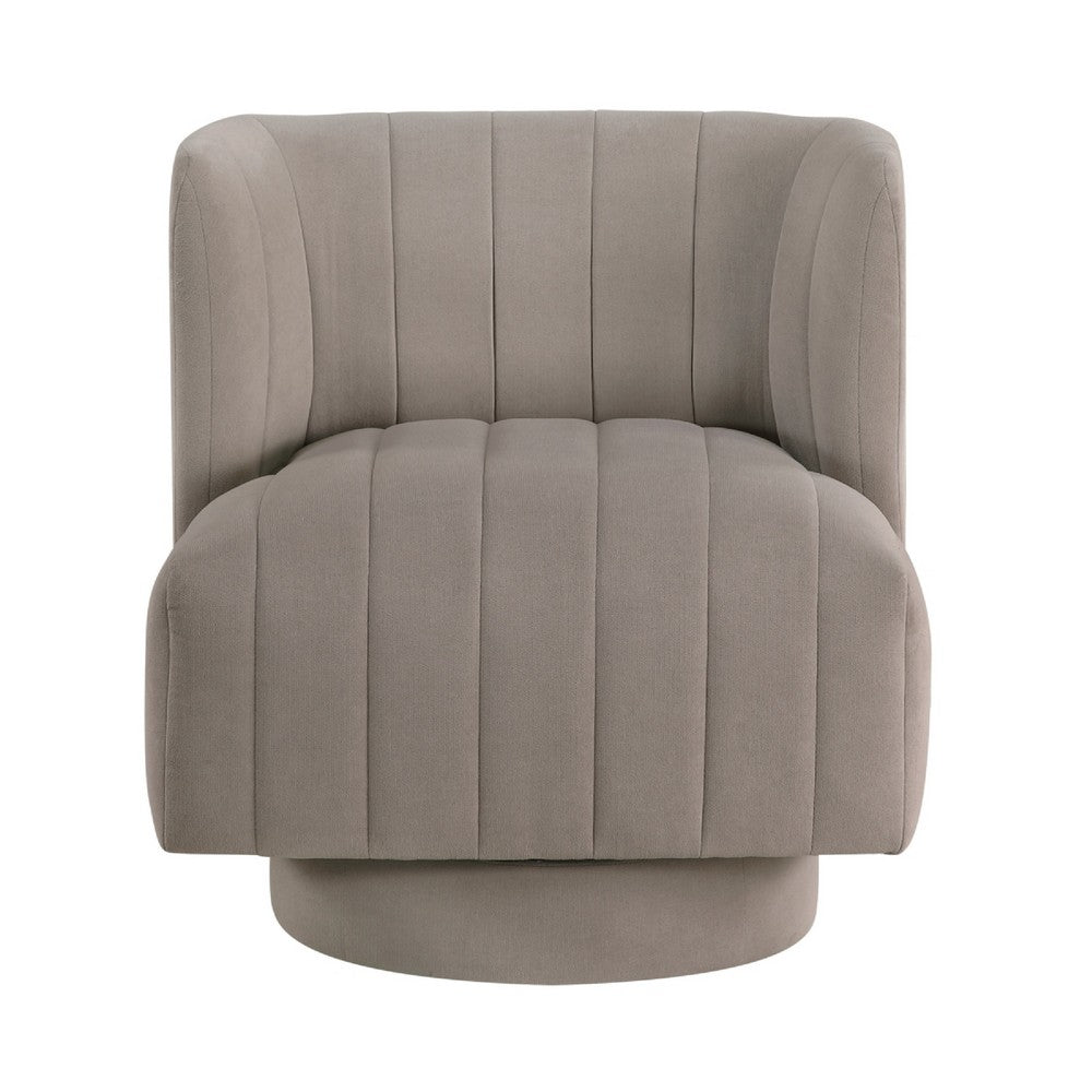 Benjara Joya Swivel Accent Chair, Barrel Wingback, Channeled Taupe Gray Polyester