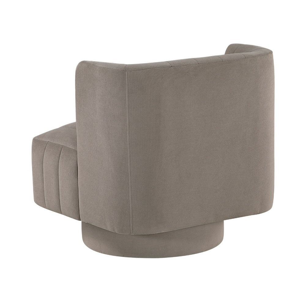 Benjara Joya Swivel Accent Chair, Barrel Wingback, Channeled Taupe Gray Polyester