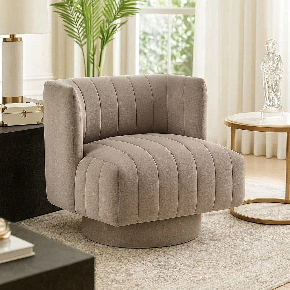 Benjara Joya Swivel Accent Chair, Barrel Wingback, Channeled Taupe Gray Polyester