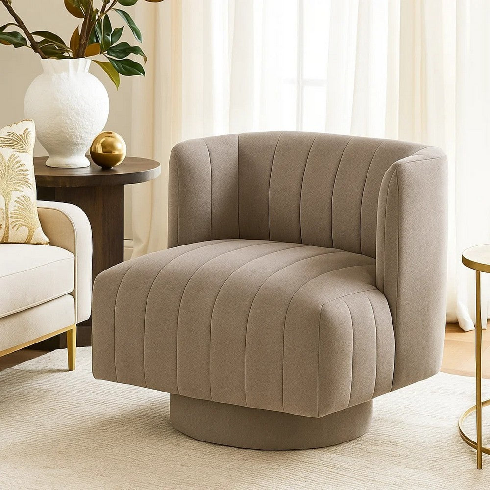 Benjara Joya Swivel Accent Chair, Barrel Wingback, Channeled Taupe Gray Polyester