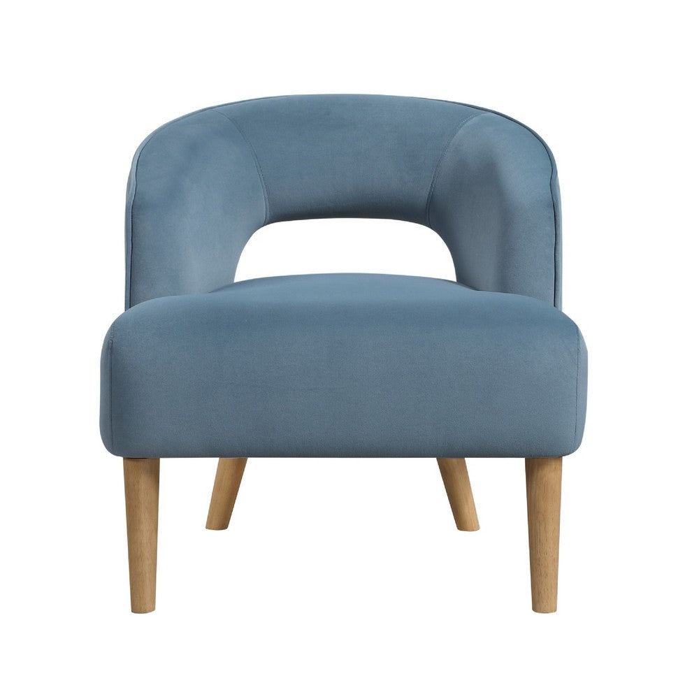 Benjara Dora Accent Chair, Open Barrel Back, Blue Velvet, Light Brown Legs