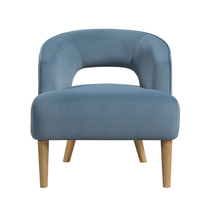 Benjara Dora Accent Chair, Open Barrel Back, Blue Velvet, Light Brown Legs