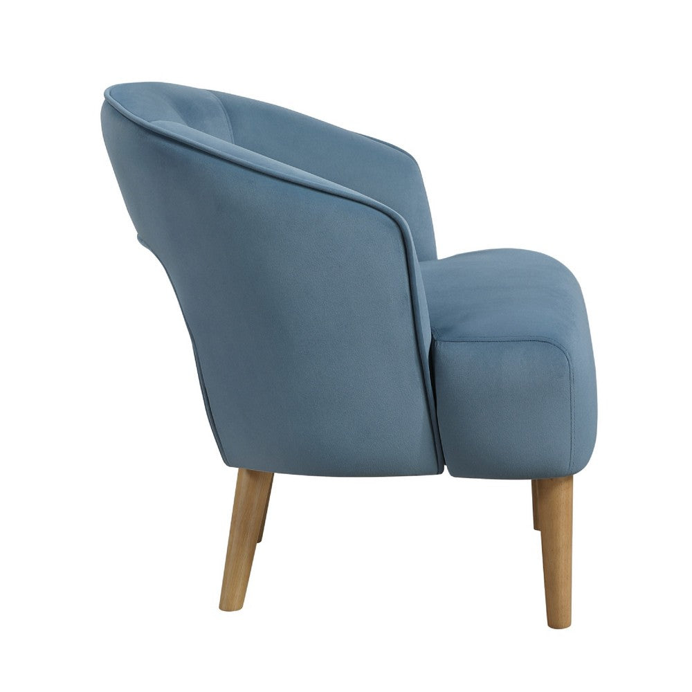 Benjara Dora Accent Chair, Open Barrel Back, Blue Velvet, Light Brown Legs