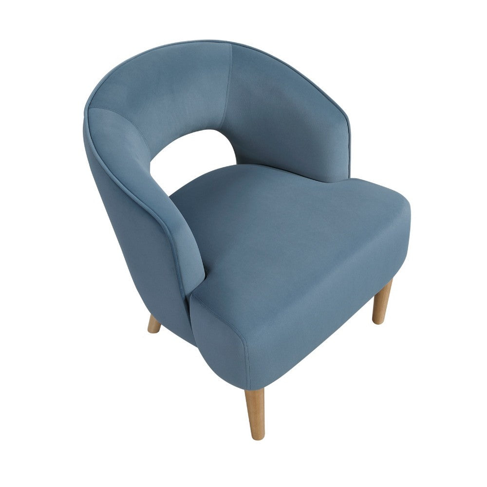 Benjara Dora Accent Chair, Open Barrel Back, Blue Velvet, Light Brown Legs