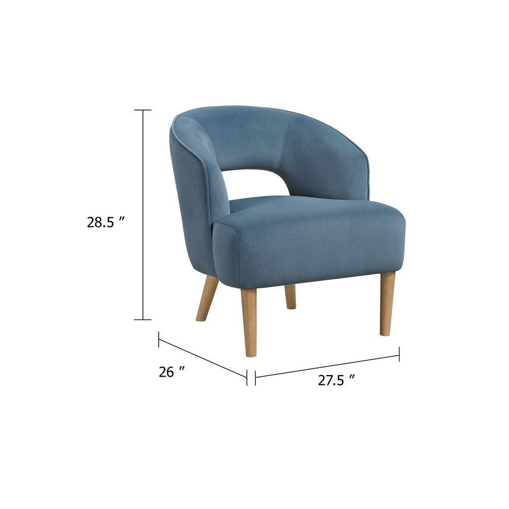Benjara Dora Accent Chair, Open Barrel Back, Blue Velvet, Light Brown Legs