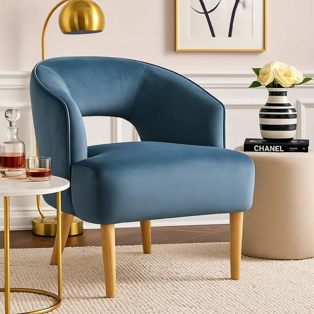 Benjara Dora Accent Chair, Open Barrel Back, Blue Velvet, Light Brown Legs