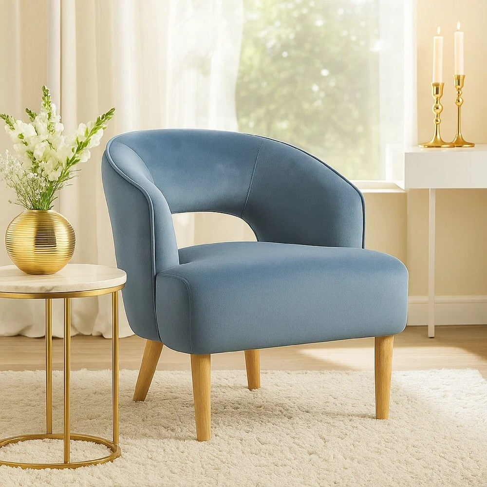 Benjara Dora Accent Chair, Open Barrel Back, Blue Velvet, Light Brown Legs