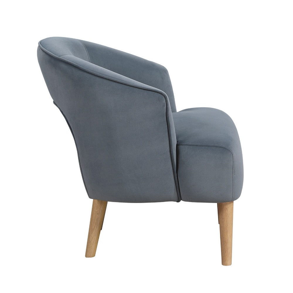 Benjara Dora Accent Chair, Open Barrel Back, Dark Gray Velvet, Light Brown Legs