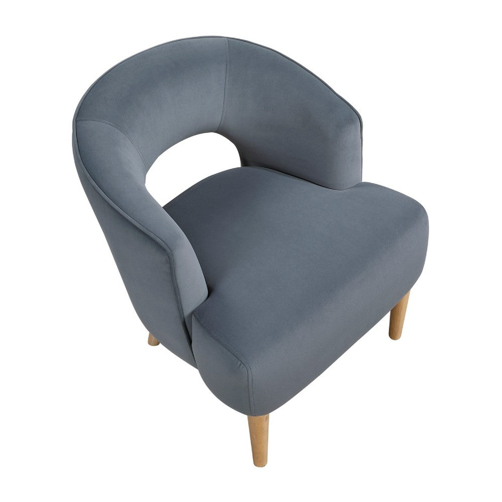 Benjara Dora Accent Chair, Open Barrel Back, Dark Gray Velvet, Light Brown Legs